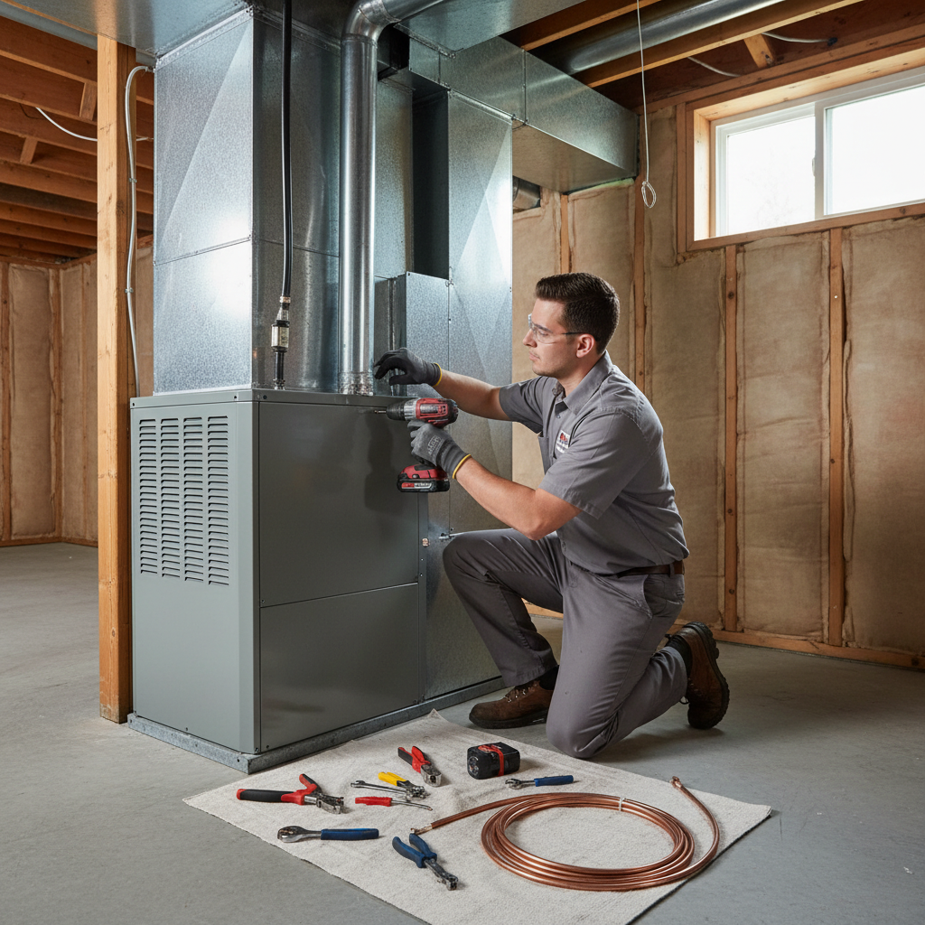 BIM Heating and Cooling technician expertly installing a new furnace in a Fredericksburg, Virginia home.