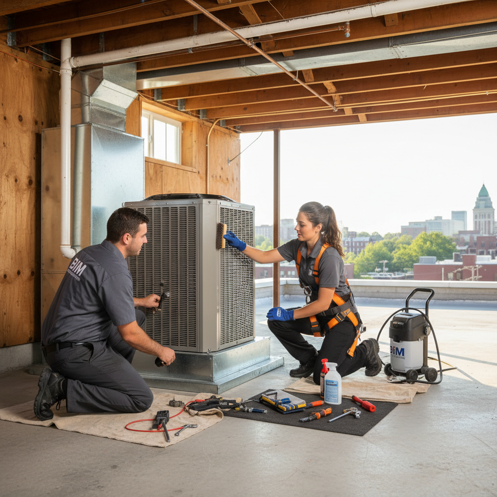 BIM Heating and Cooling technician expertly installing a new furnace in a Fredericksburg, VA home.