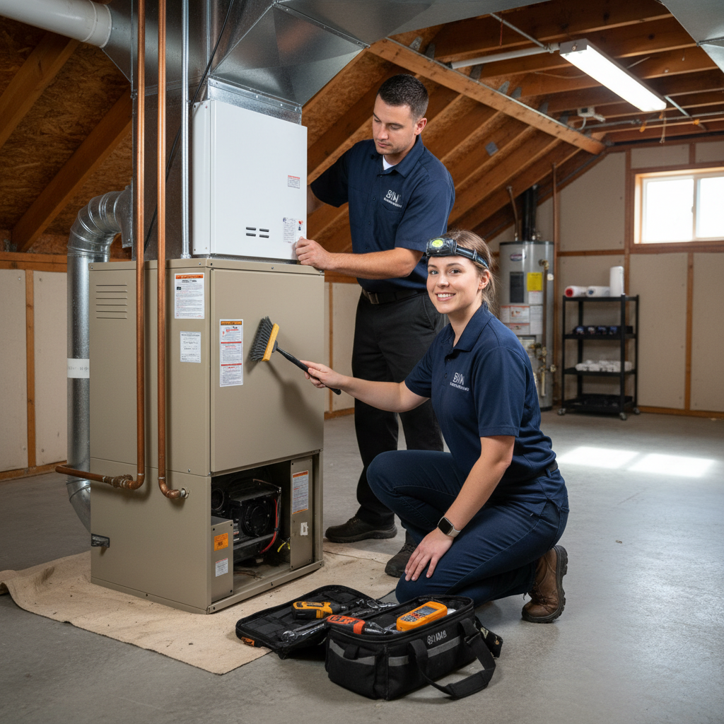 BIM Heating and Cooling technician expertly installing a new HVAC unit in a Fredericksburg, Virginia home.