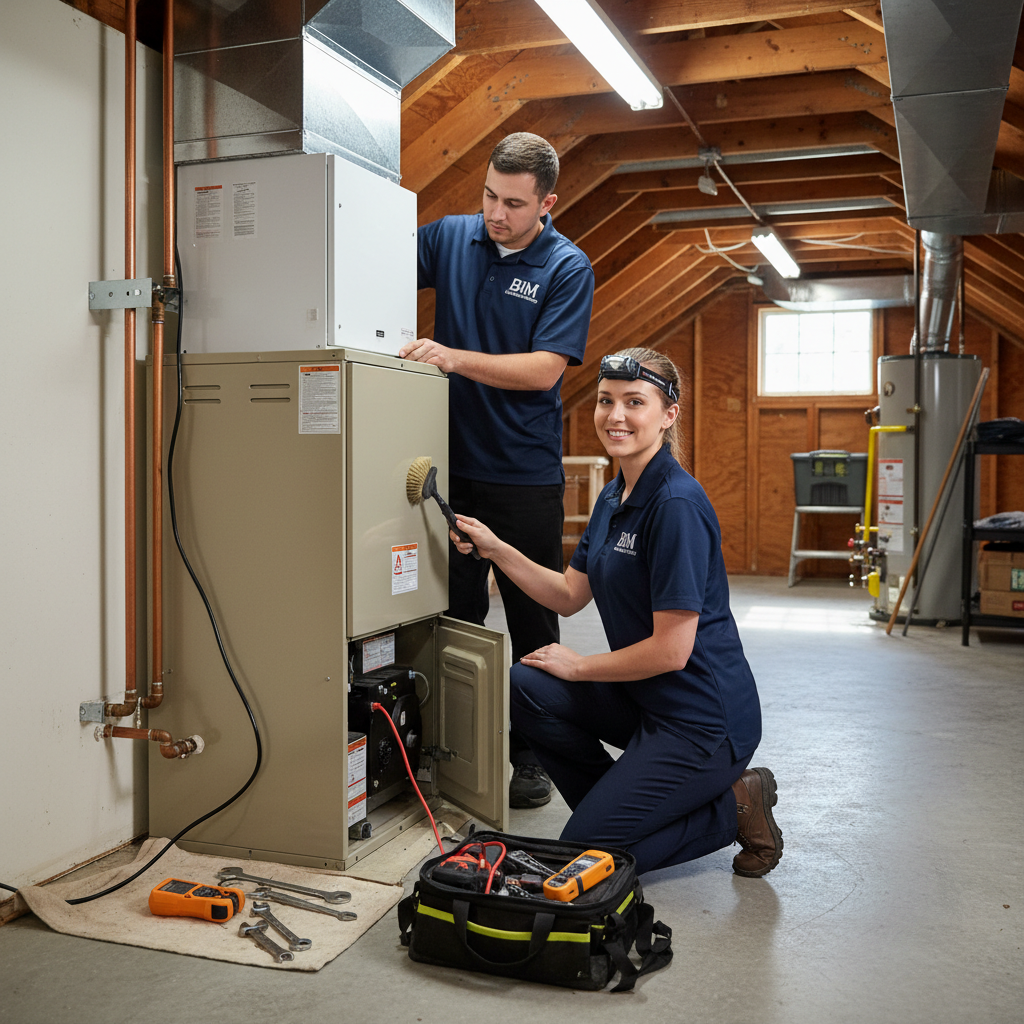 BIM Heating and Cooling technician expertly installing a new HVAC unit in a Fredericksburg, Virginia home.