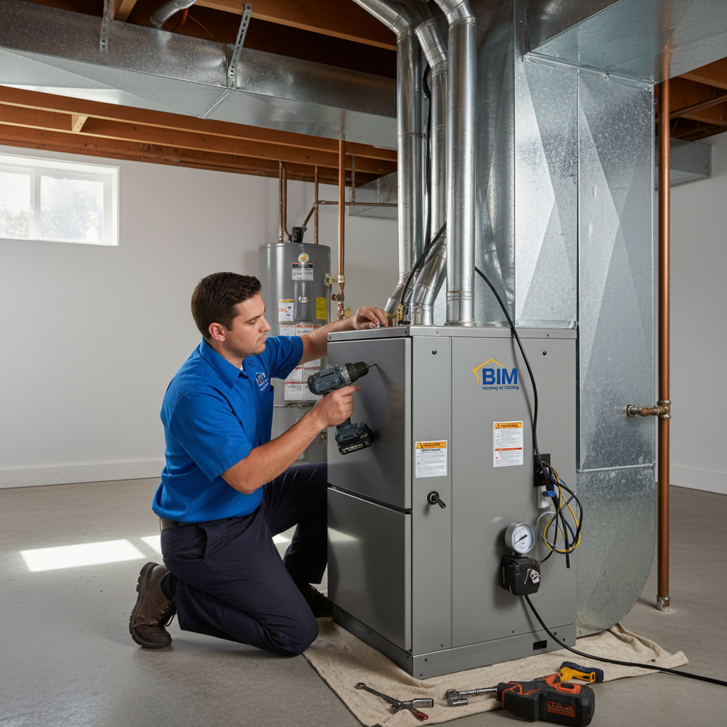 BIM Heating and Cooling technician expertly installing a new furnace in a Fredericksburg, Virginia home.
