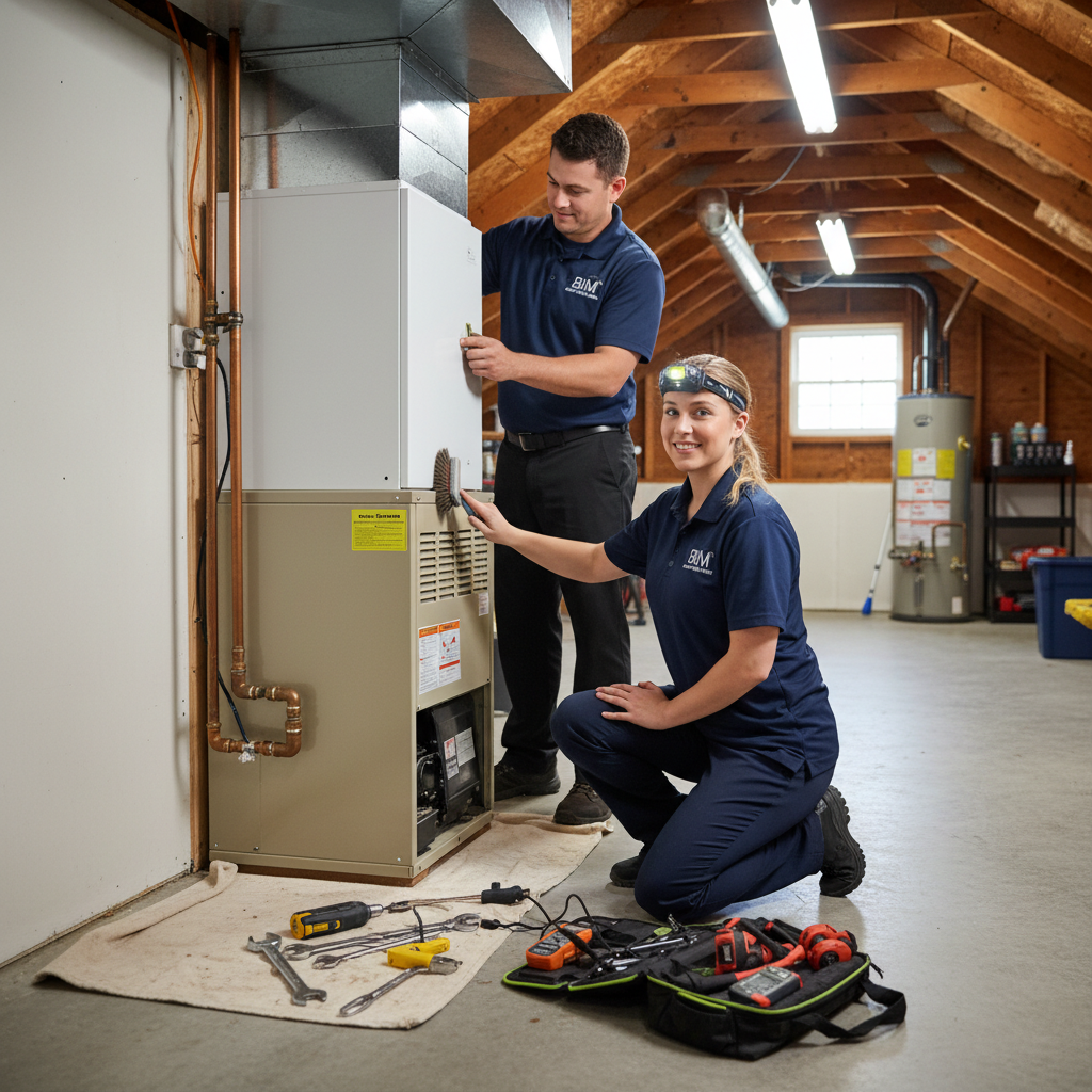 BIM Heating and Cooling technician expertly installing a new HVAC unit in a Fredericksburg, Virginia home.