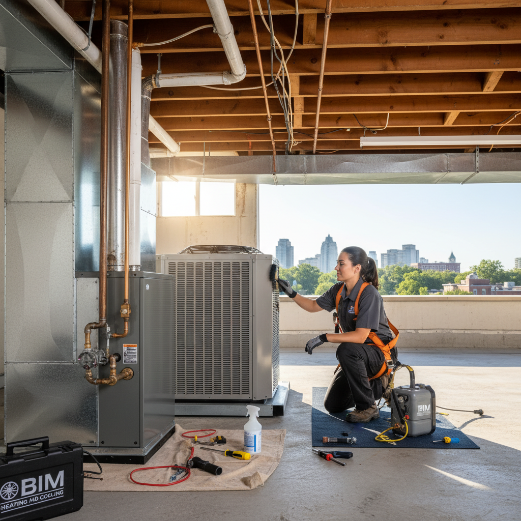 BIM Heating and Cooling technician expertly installing a new furnace in a Fredericksburg, VA home.