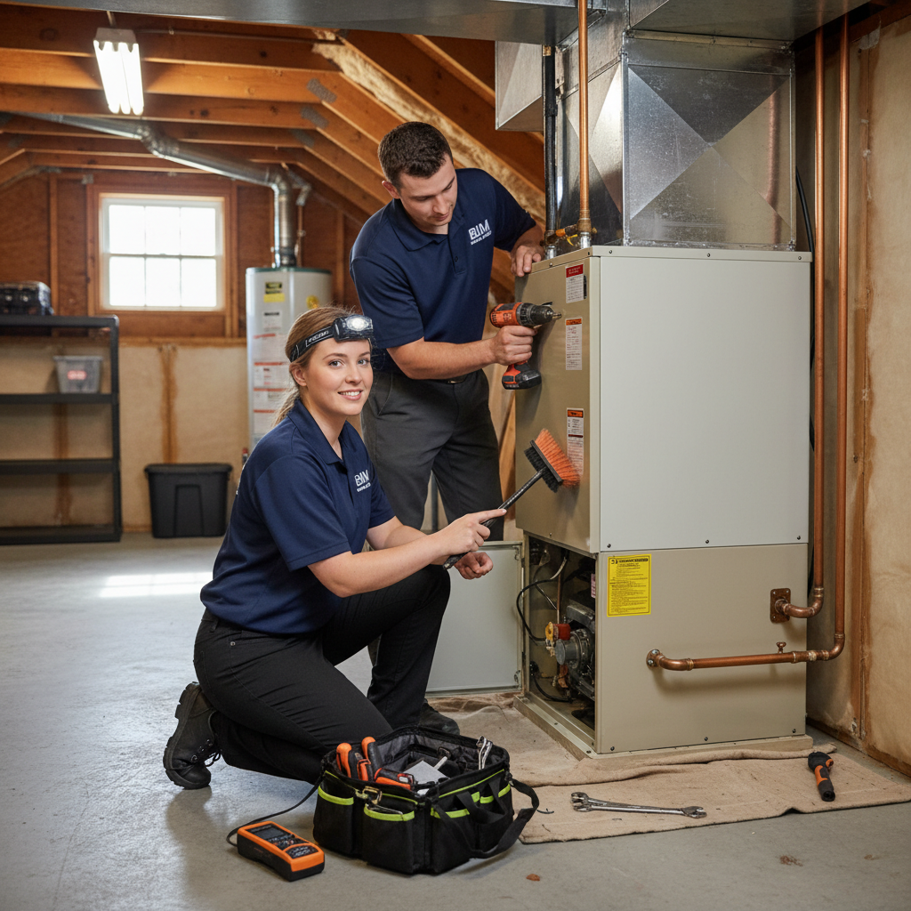BIM Heating and Cooling technician expertly installing a new HVAC unit in a Fredericksburg, Virginia home.