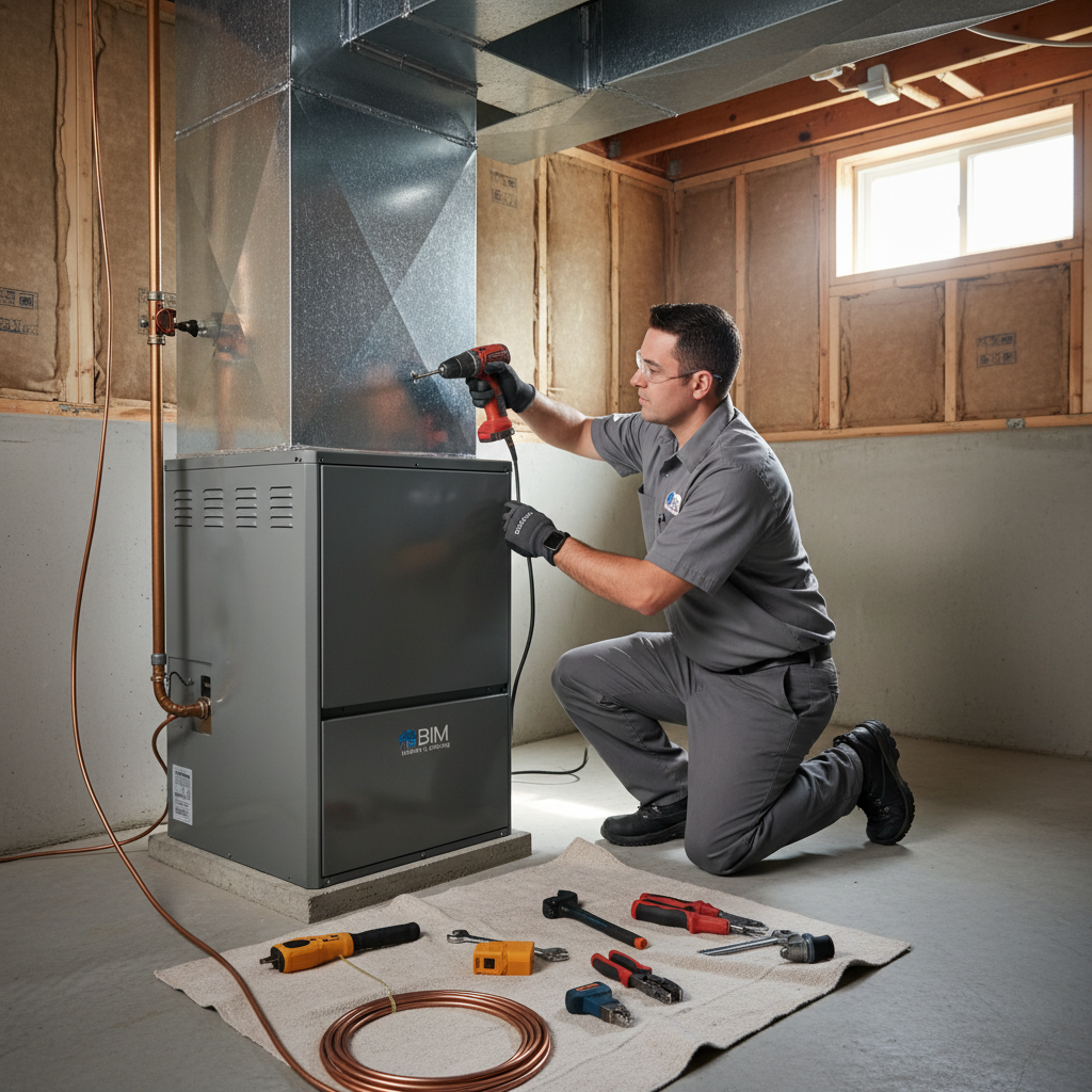 BIM Heating and Cooling technician expertly installing a new furnace in a Fredericksburg, Virginia home.