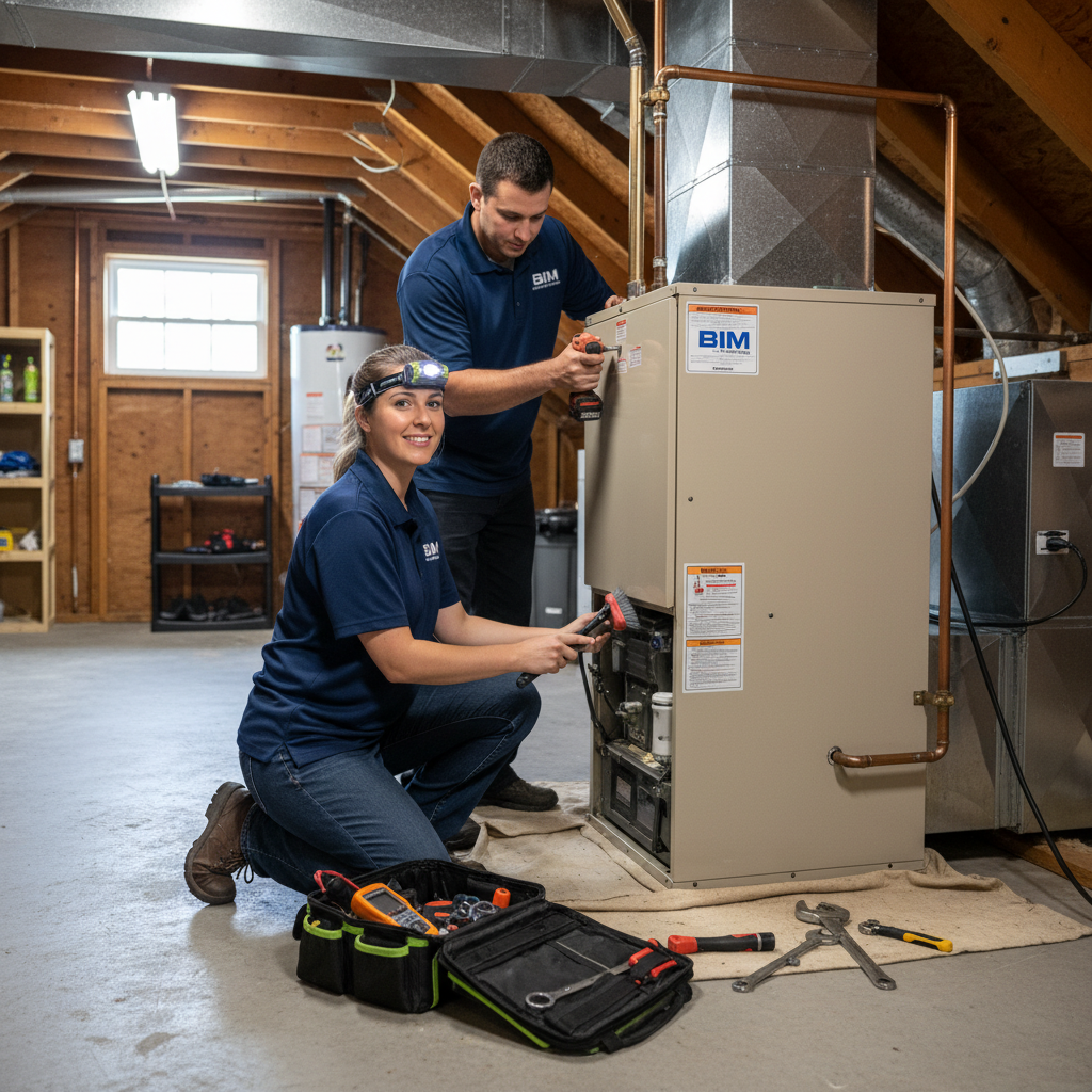 BIM Heating and Cooling technician expertly installing a new HVAC unit in a Fredericksburg, Virginia home.