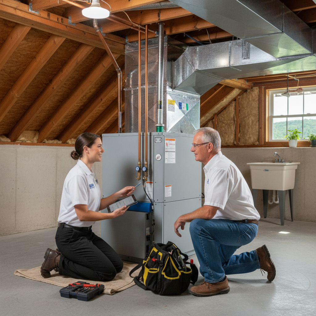 BIM Heating and Cooling technician expertly installing a new HVAC unit in a Fredericksburg, Virginia home.