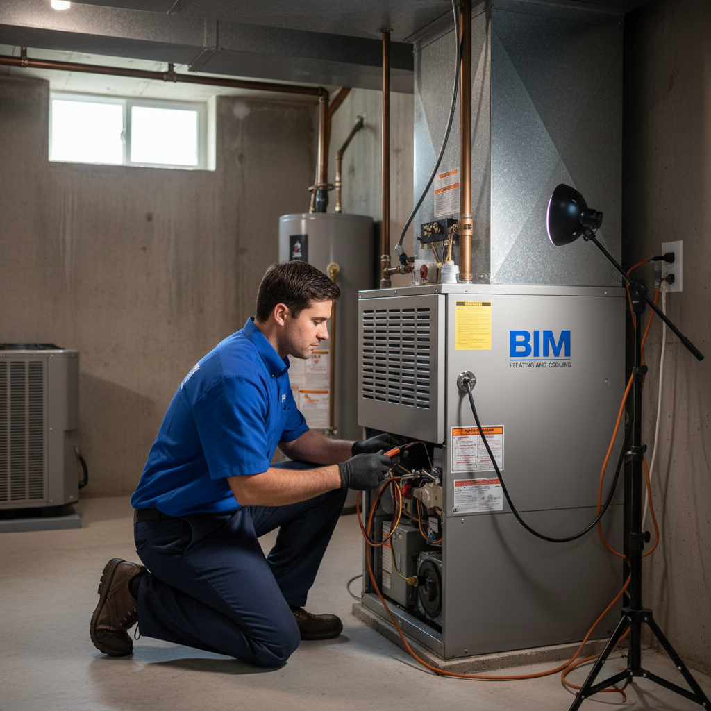BIM Heating and Cooling technician expertly maintaining a furnace in a Fredericksburg, Virginia home.