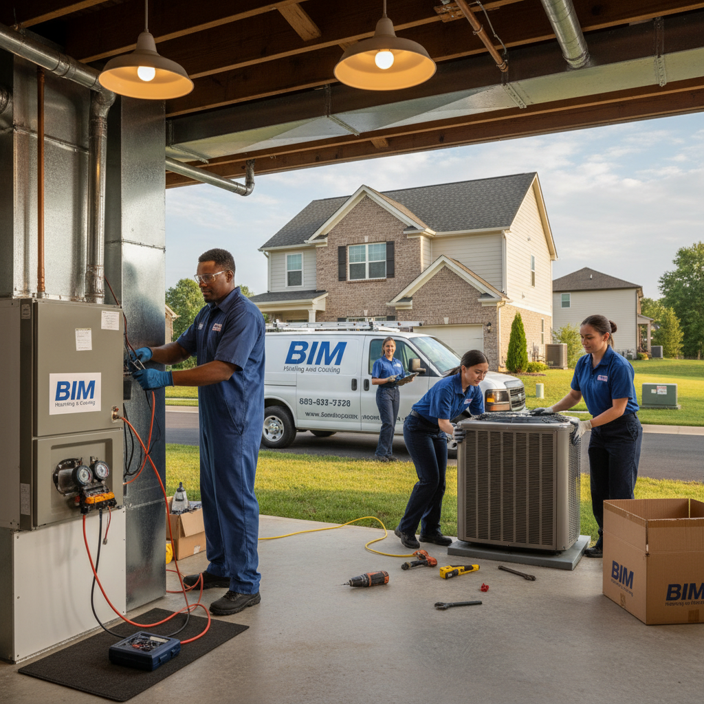 BIM Heating and Cooling technician expertly maintaining a furnace in a Fredericksburg home.