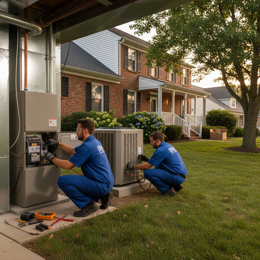 BIM Heating and Cooling technician expertly maintaining a furnace in a Fredericksburg, Virginia home.