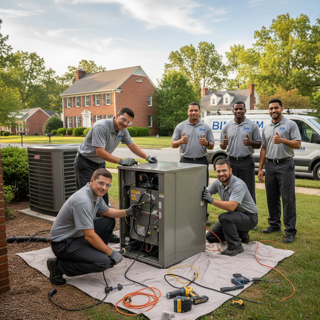 BIM Heating and Cooling technician expertly maintaining an HVAC unit in a Fredericksburg, Virginia home.