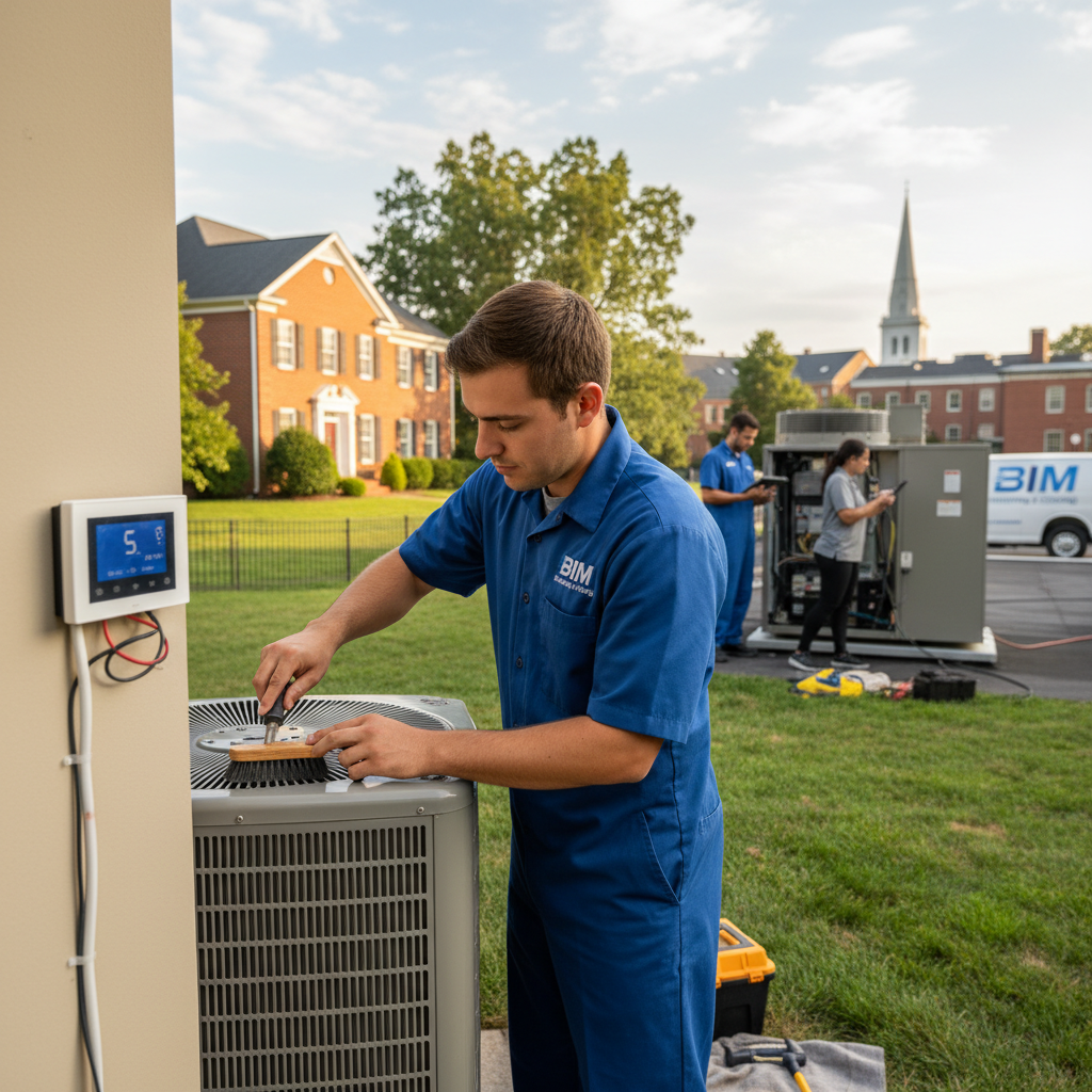 BIM Heating and Cooling technician expertly maintaining an HVAC unit in a Fredericksburg, VA home.