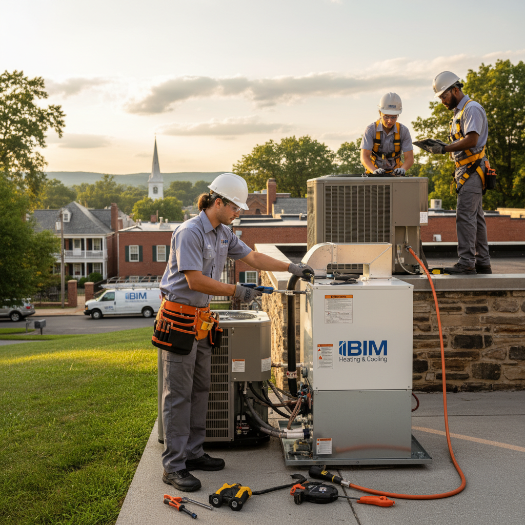 BIM Heating and Cooling technician expertly maintaining an HVAC unit in a Fredericksburg home.
