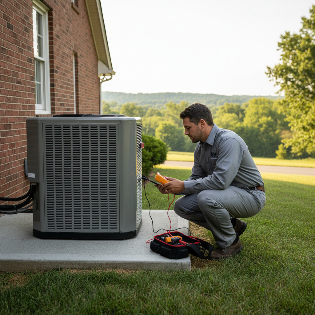 BIM Heating and Cooling technician expertly maintaining an HVAC unit in a Fredericksburg, Virginia home.