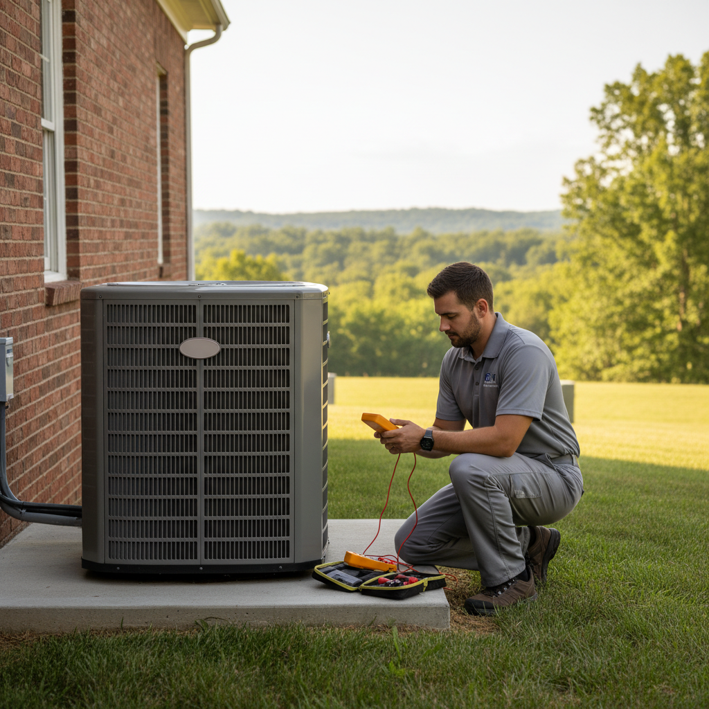 BIM Heating and Cooling technician expertly maintaining an HVAC unit in a Fredericksburg, Virginia home.