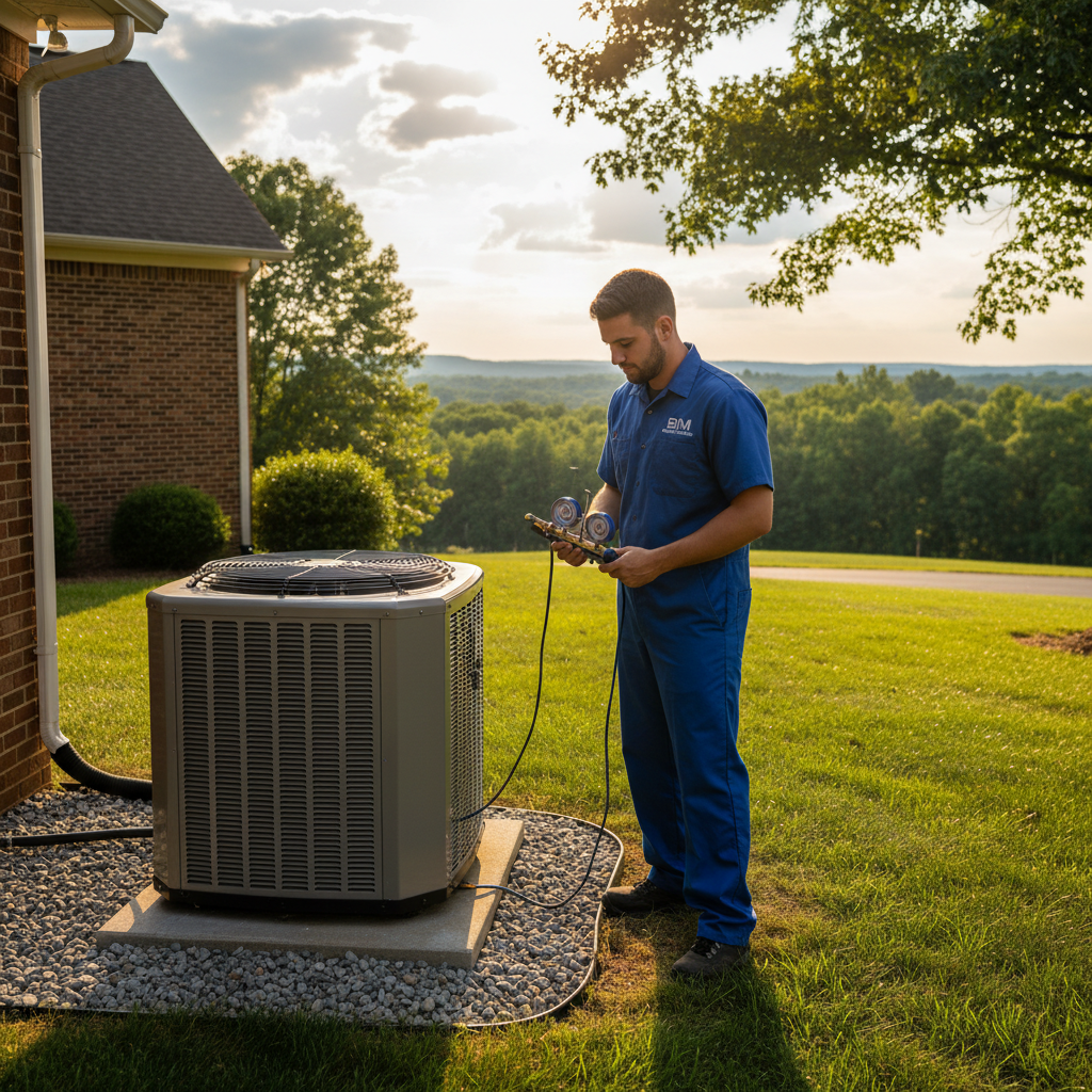 BIM Heating and Cooling technician expertly maintaining an HVAC unit in a Fredericksburg, Virginia home.