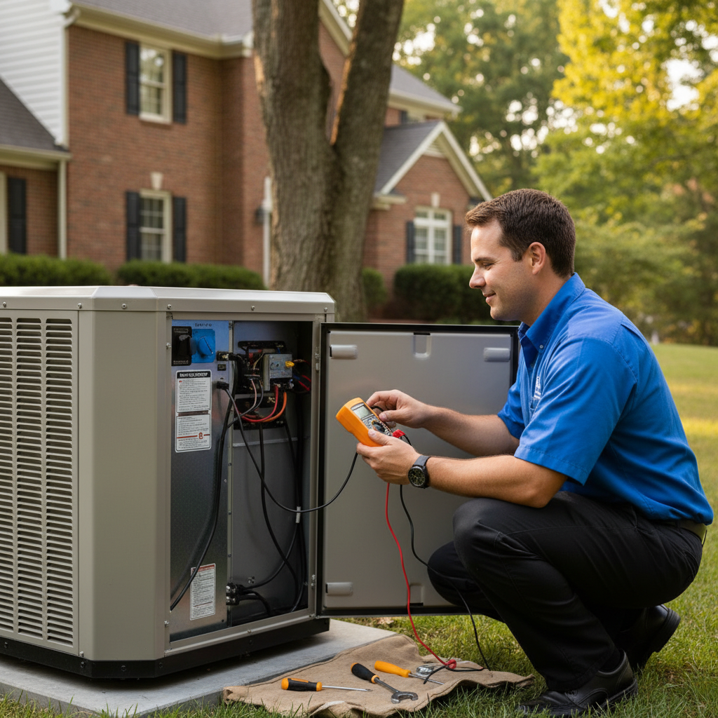 BIM Heating and Cooling technician expertly maintaining an HVAC unit in a Fredericksburg, Virginia home.