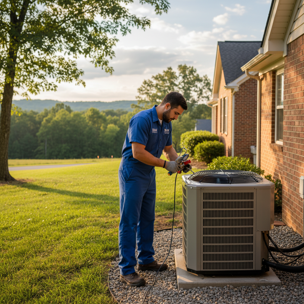 BIM Heating and Cooling technician expertly maintaining an HVAC unit in a Fredericksburg, Virginia home.