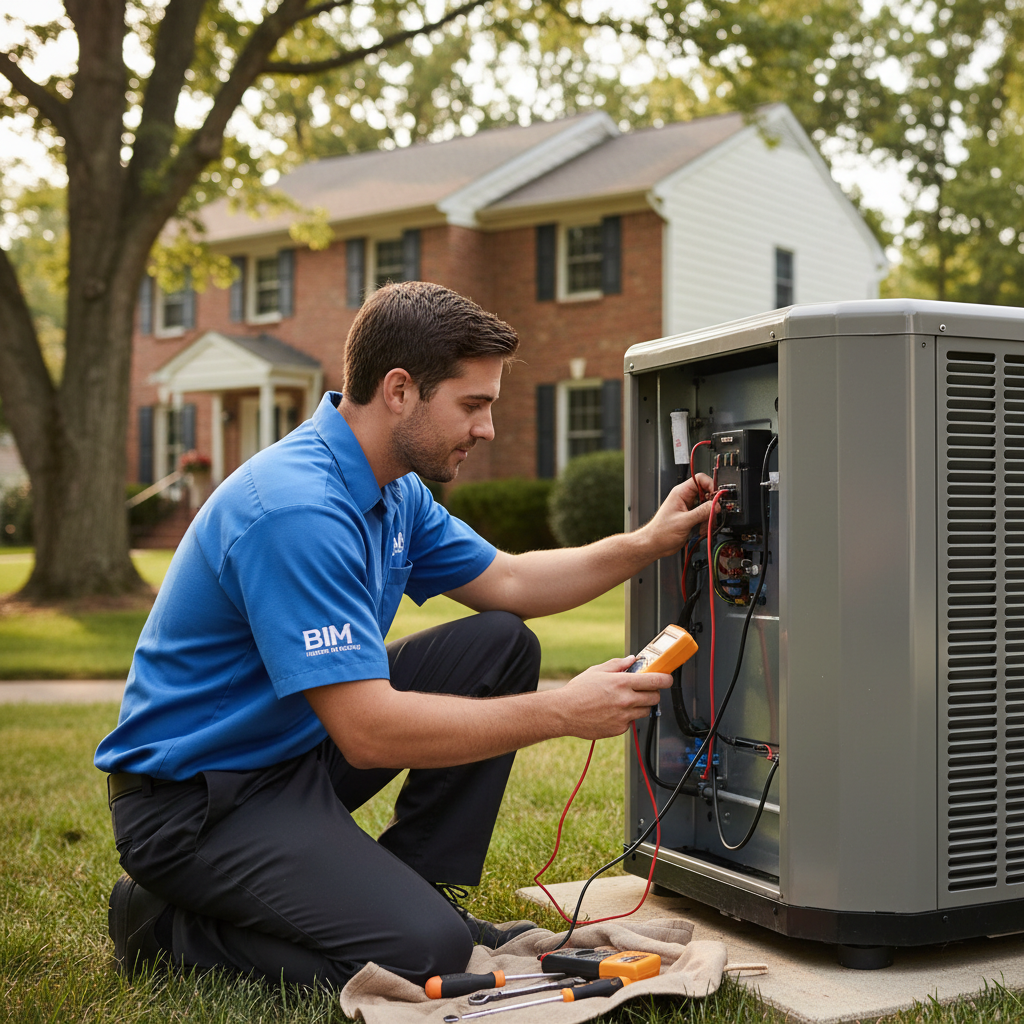 BIM Heating and Cooling technician expertly maintaining an HVAC unit in a Fredericksburg, Virginia home.