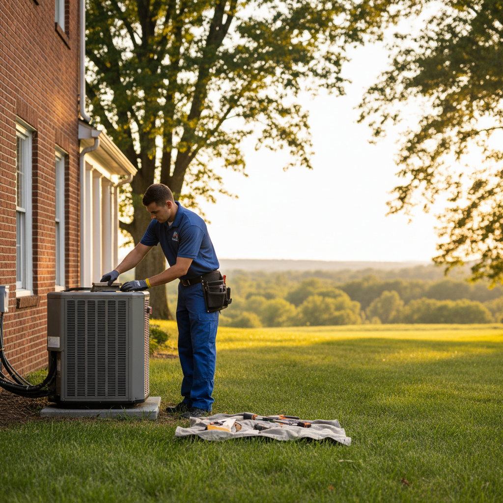BIM Heating and Cooling technician expertly maintaining an HVAC unit outside a home in Fredericksburg, Virginia.
