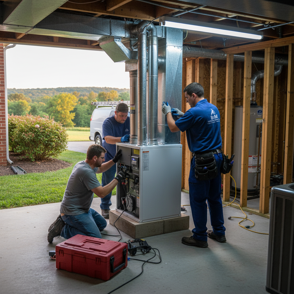 BIM Heating and Cooling technician expertly maintaining an HVAC unit outside a home in Fredericksburg, VA.
