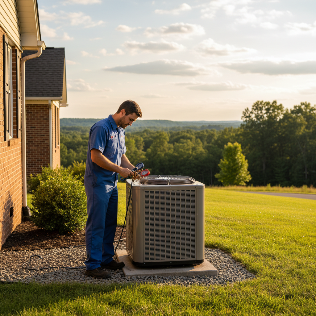 BIM Heating and Cooling technician expertly maintaining an HVAC unit in a Fredericksburg, Virginia home.