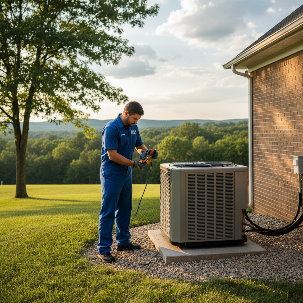 BIM Heating and Cooling technician expertly maintaining an HVAC unit in a Fredericksburg, Virginia home.