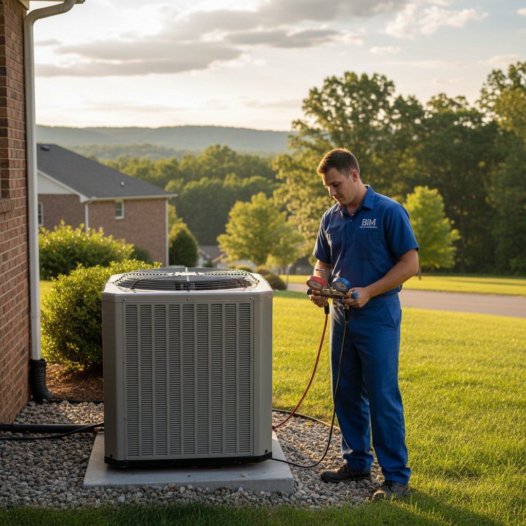 BIM Heating and Cooling technician expertly maintaining an HVAC unit in a Fredericksburg, Virginia home.