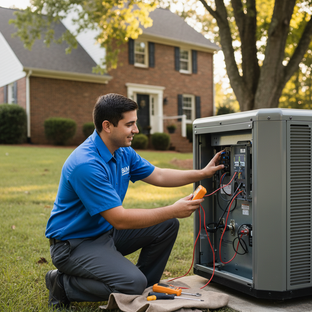 BIM Heating and Cooling technician expertly maintaining an HVAC unit in a Fredericksburg, Virginia home.