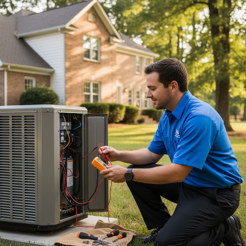 BIM Heating and Cooling technician expertly maintaining an HVAC unit in a Fredericksburg, Virginia home.