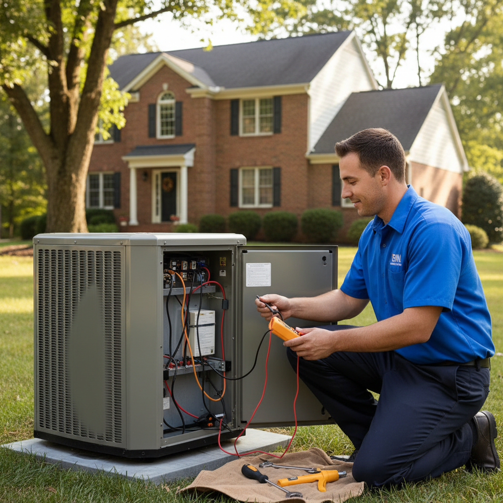 BIM Heating and Cooling technician expertly maintaining an HVAC unit in a Fredericksburg, Virginia home.