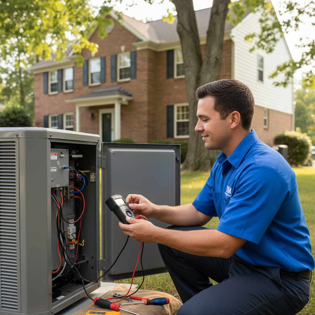 BIM Heating and Cooling technician expertly maintaining an HVAC unit in a Fredericksburg, Virginia home.