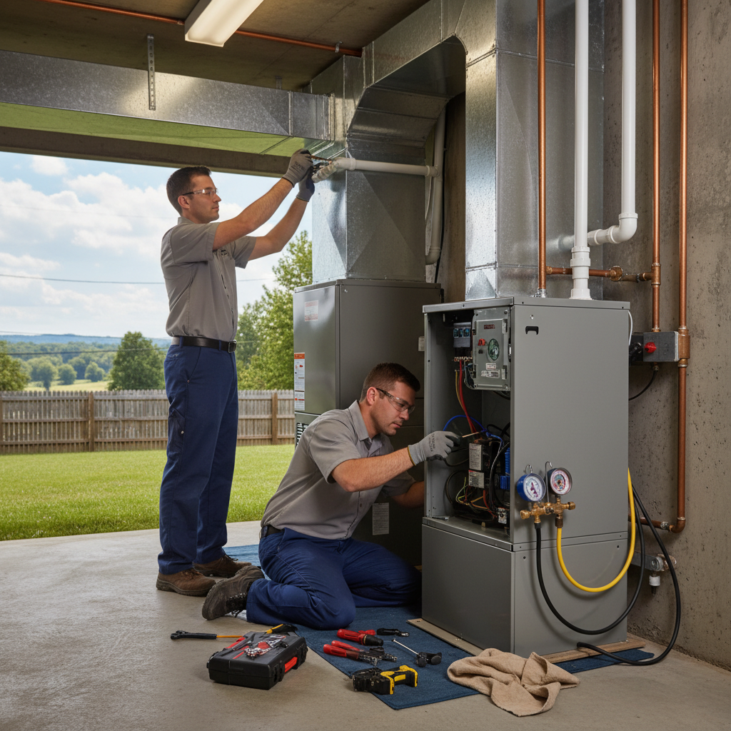 BIM Heating and Cooling technician expertly maintaining an outdoor HVAC unit in a Fredericksburg, Virginia home's backyard.