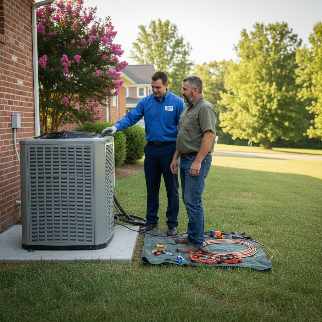 BIM Heating and Cooling technician explaining HVAC repair to a homeowner in rural Virginia.