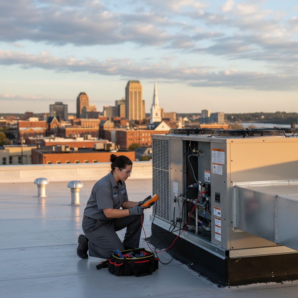 BIM Heating and Cooling technician inspecting a commercial HVAC system on a rooftop in Fredericksburg, VA.