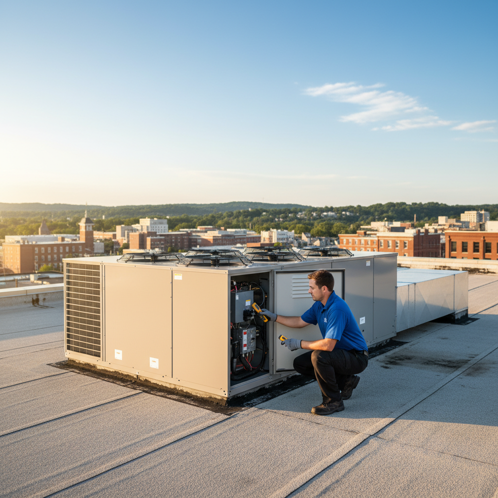 BIM Heating and Cooling technician inspecting a commercial HVAC unit in Fredericksburg, Virginia.