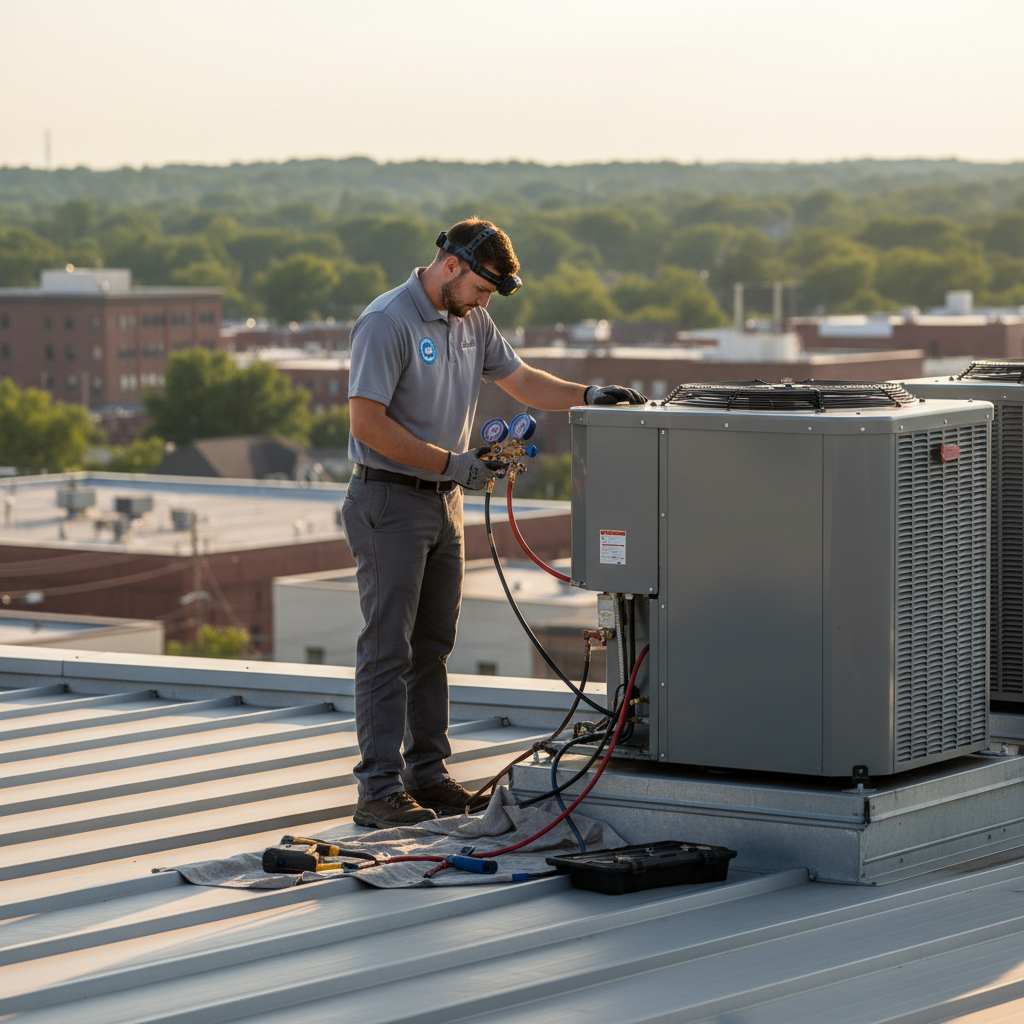 BIM Heating and Cooling technician inspecting a commercial HVAC system on a rooftop in Fredericksburg, Virginia.