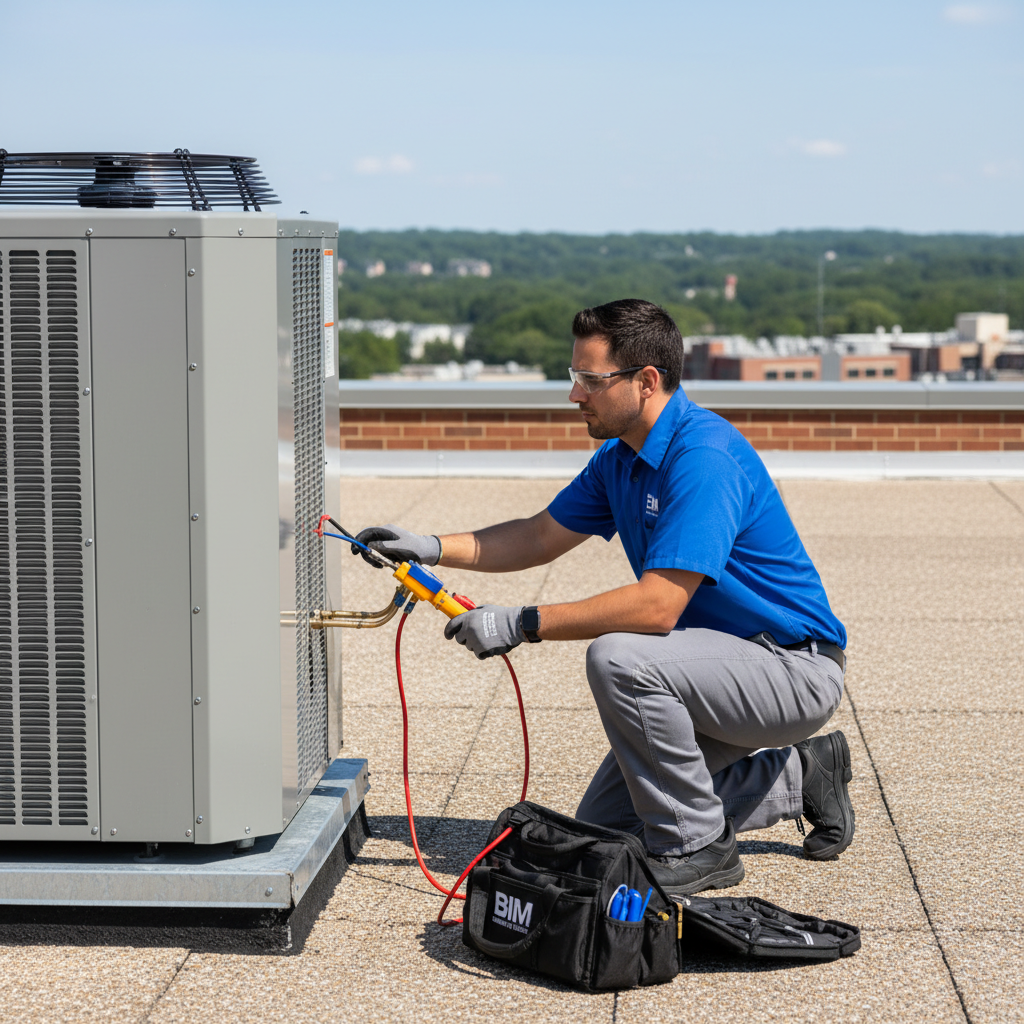 BIM Heating and Cooling technician inspecting a commercial HVAC system in Fredericksburg and surrounding Virginia counties.