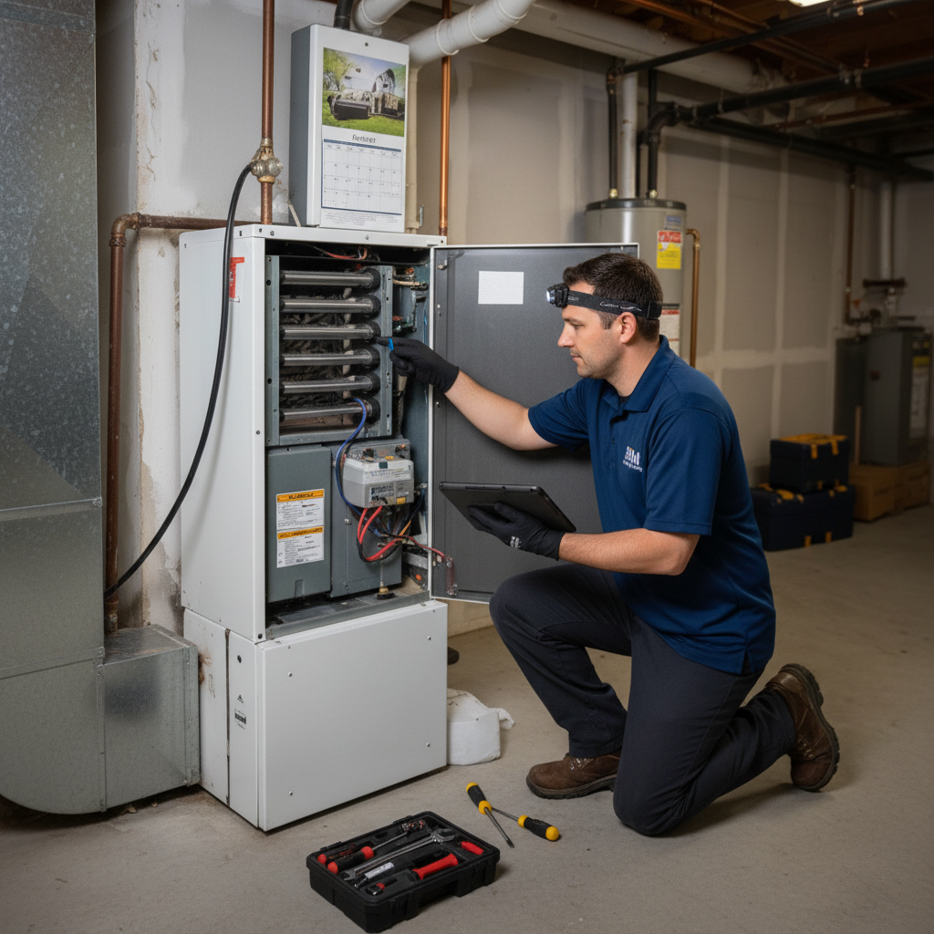 BIM Heating and Cooling technician inspecting a furnace, ensuring comfort for Fredericksburg and surrounding Virginia counties.