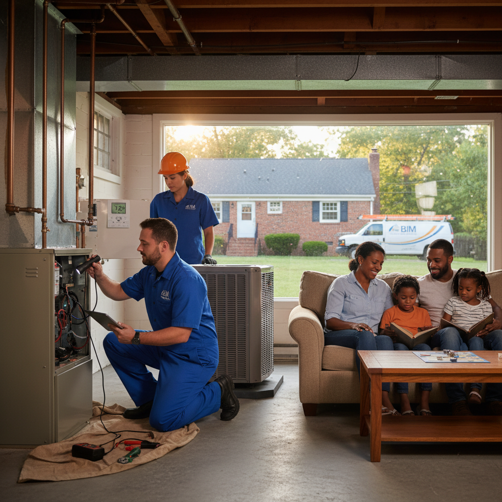 BIM Heating and Cooling technician inspecting a furnace, ensuring comfort in Fredericksburg, VA.