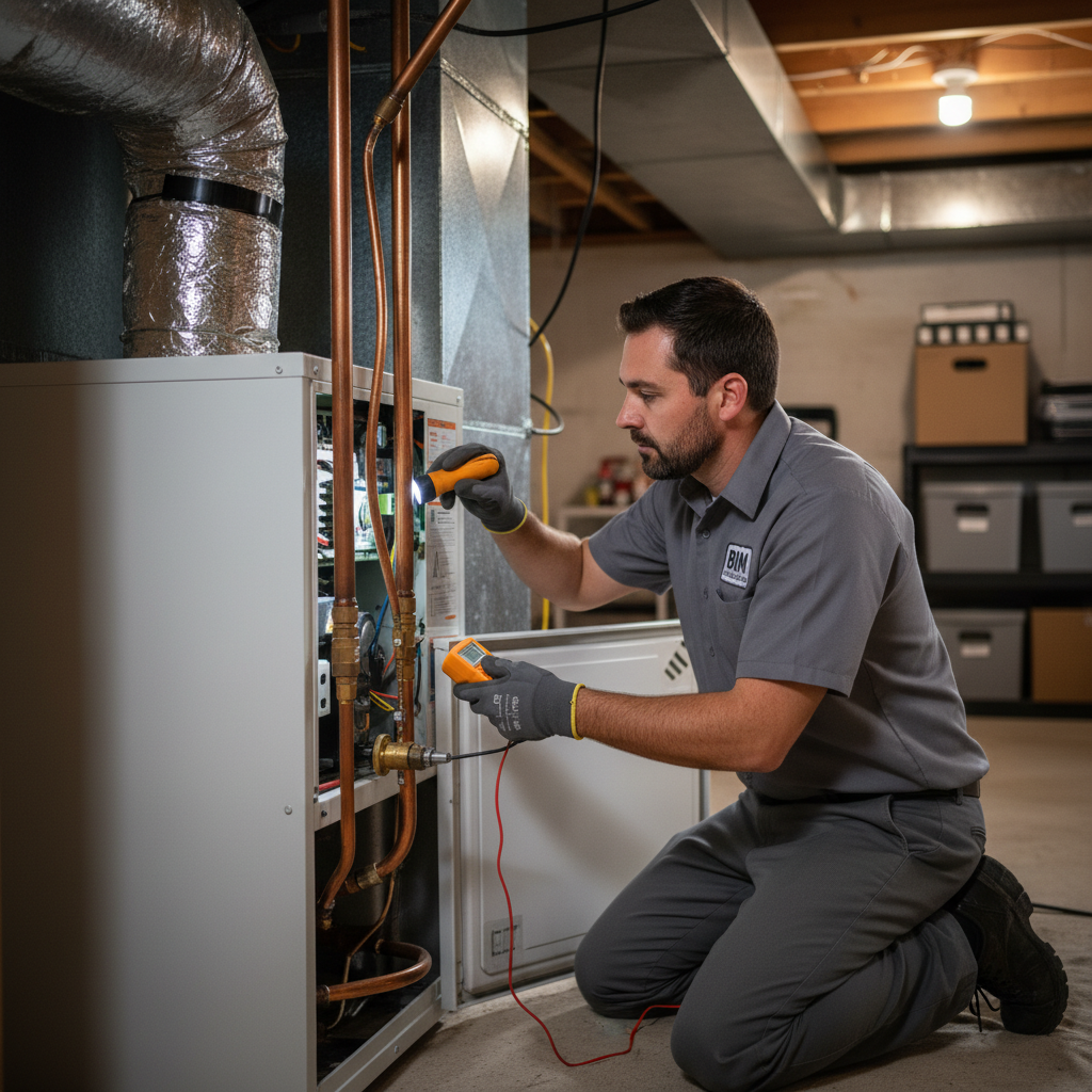 BIM Heating and Cooling technician inspecting a furnace in a Fredericksburg, Virginia basement.