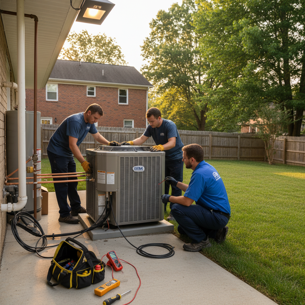 BIM Heating and Cooling technician inspecting a furnace in a Fredericksburg, Virginia home.