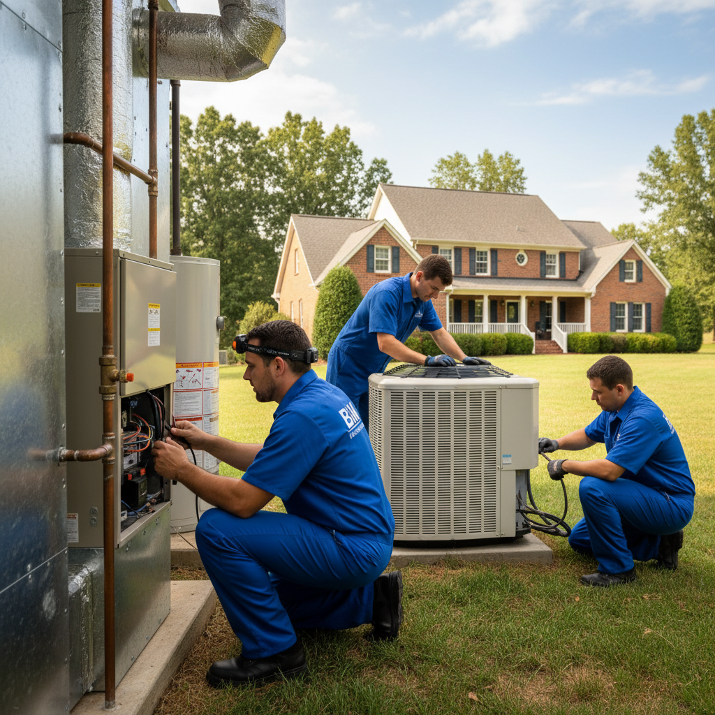 BIM Heating and Cooling technician inspecting a furnace in a Fredericksburg, Virginia home.