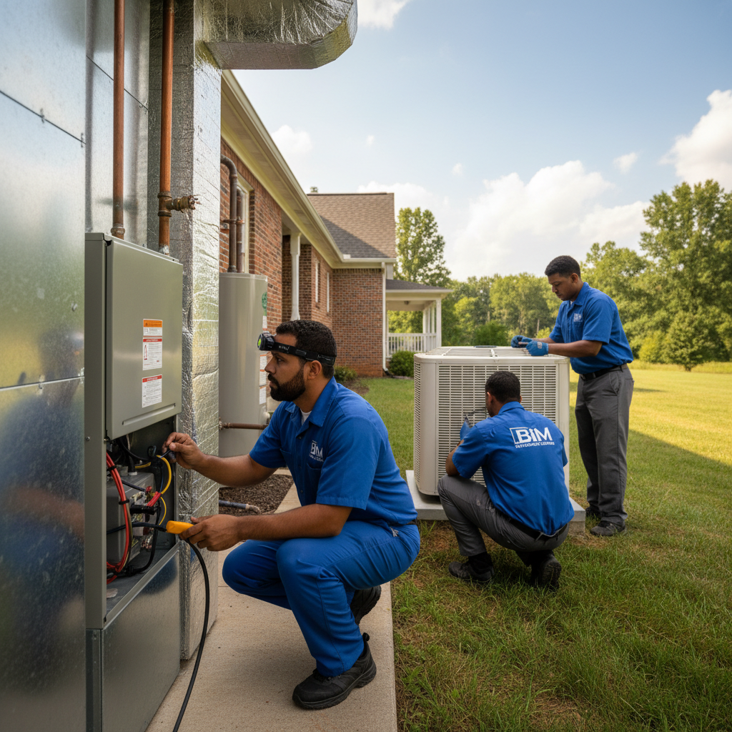 BIM Heating and Cooling technician inspecting a furnace in a Fredericksburg, Virginia home.