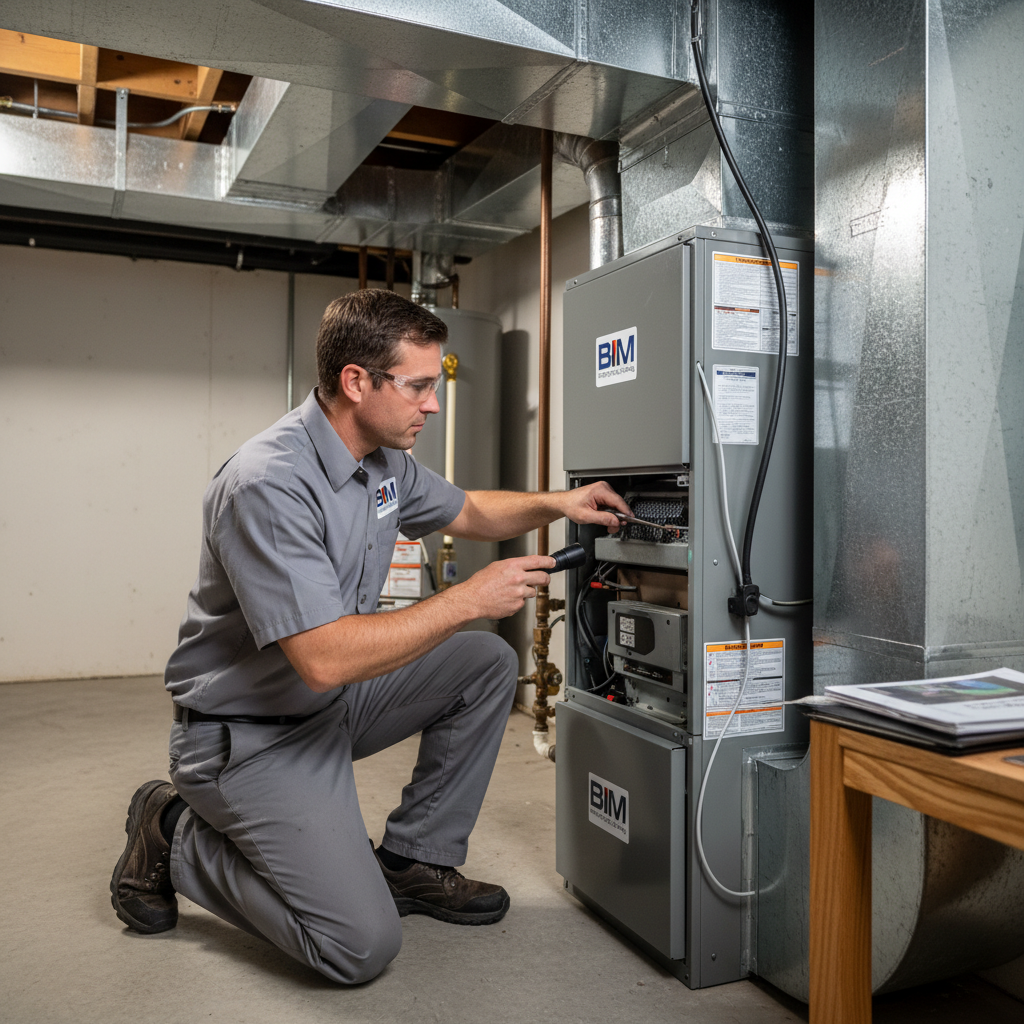BIM Heating and Cooling technician inspecting a furnace in a Virginia home near Fredericksburg.