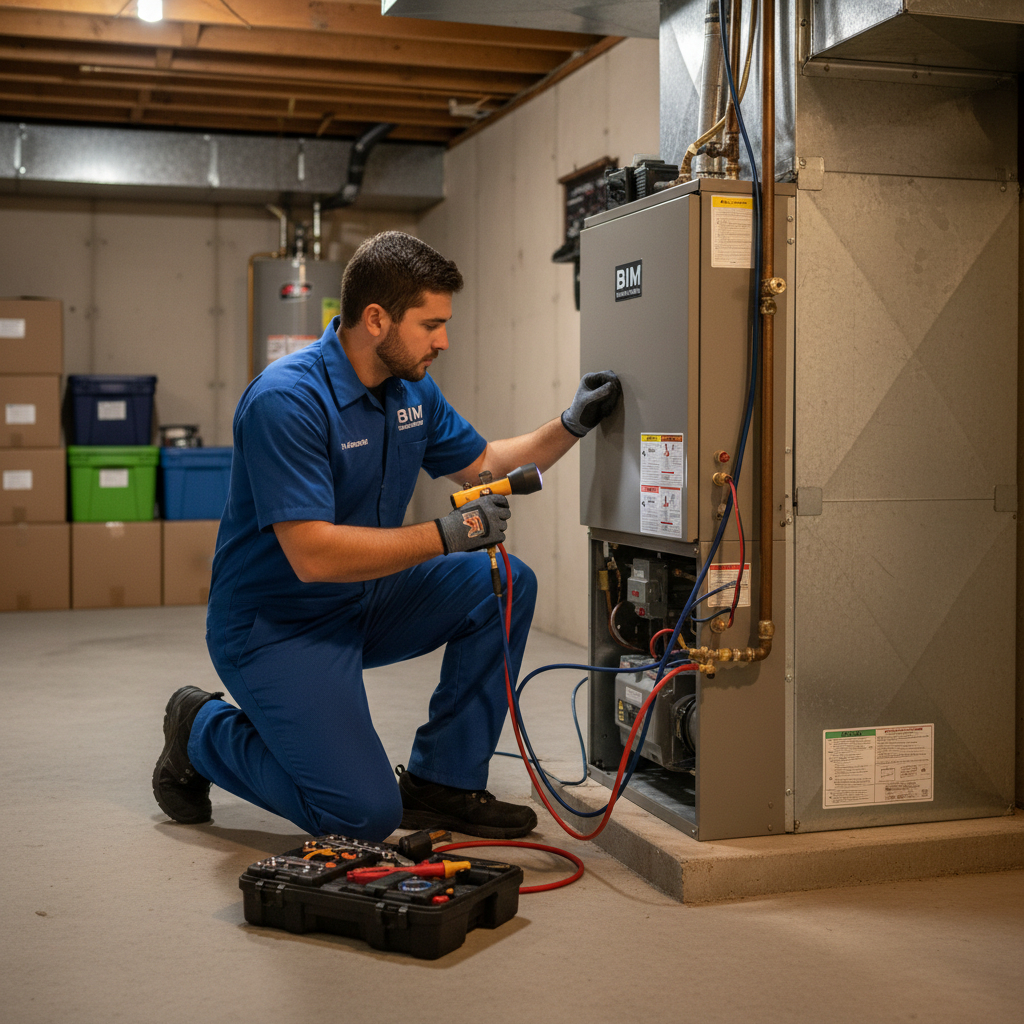 BIM Heating and Cooling technician inspecting a furnace in a Fredericksburg and surrounding Virginia counties basement.
