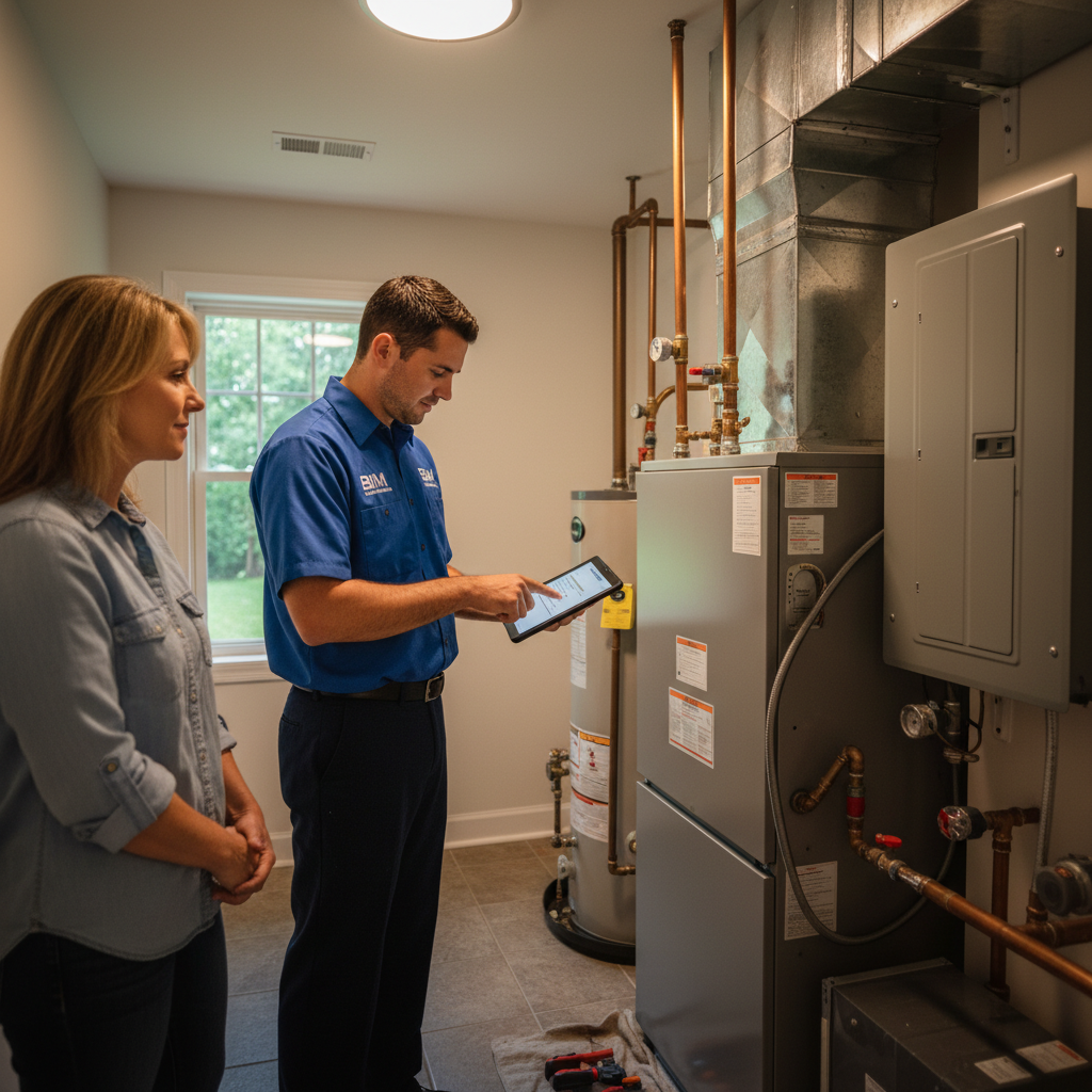 BIM Heating and Cooling technician inspecting a furnace in a Fredericksburg, Virginia home's utility room.