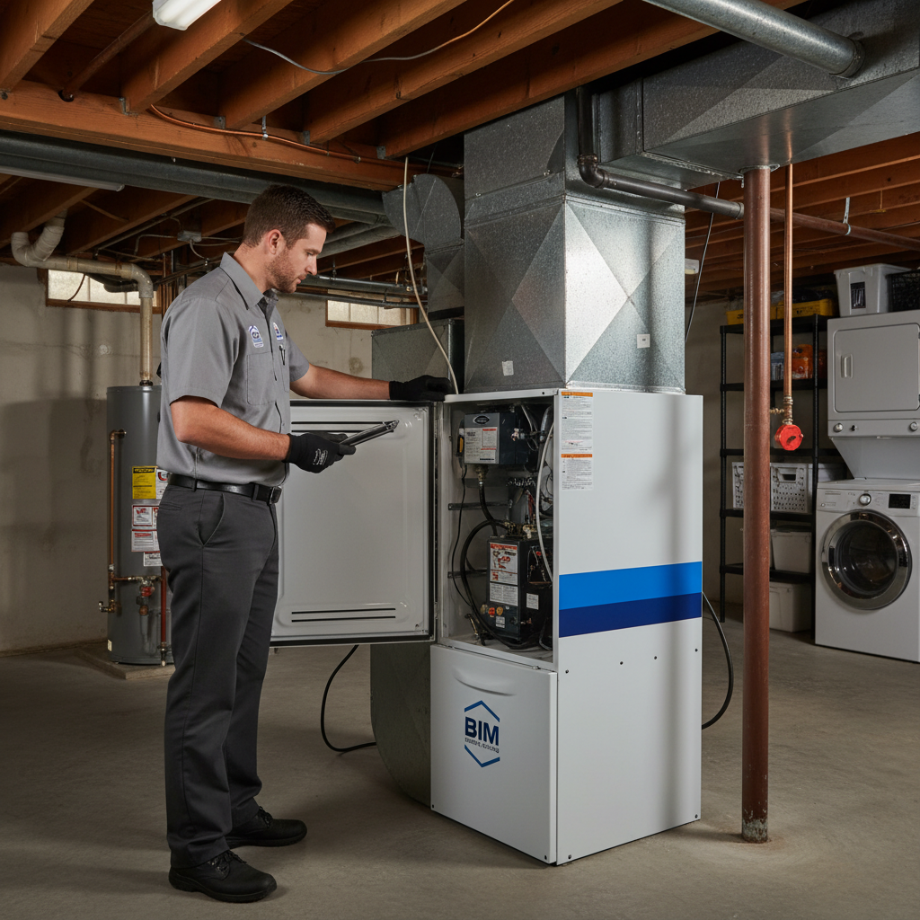 BIM Heating and Cooling technician inspecting a furnace in a Fredericksburg, Virginia basement.