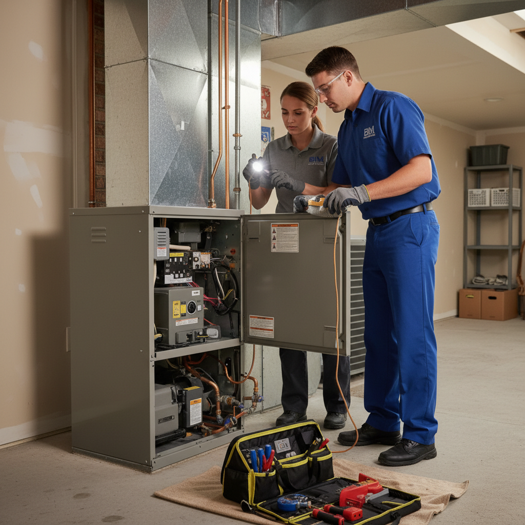 BIM Heating and Cooling technician inspecting a furnace in a Fredericksburg, Virginia basement for heating service.