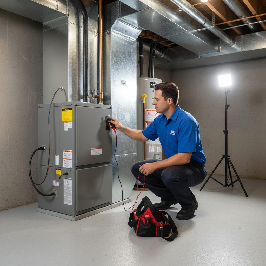 BIM Heating and Cooling technician inspecting a furnace in a Fredericksburg, Virginia area basement.